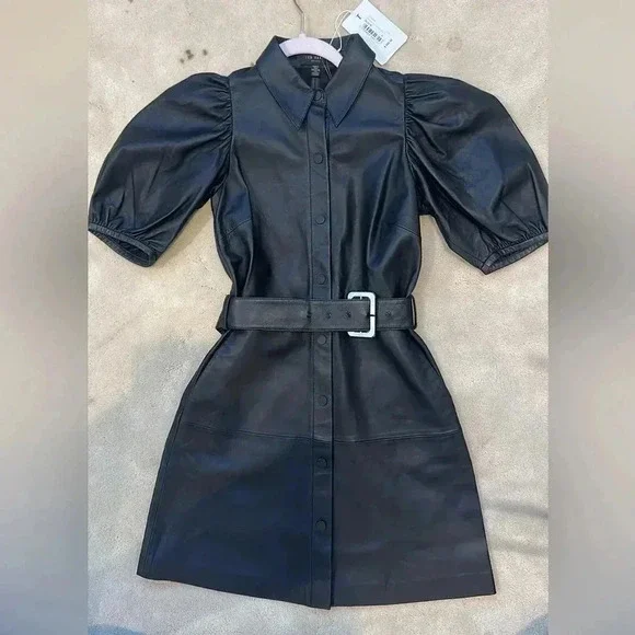 Womens Ted Baker Black Chrisee Puff Sleeve Leather Shirt Dress - Black
